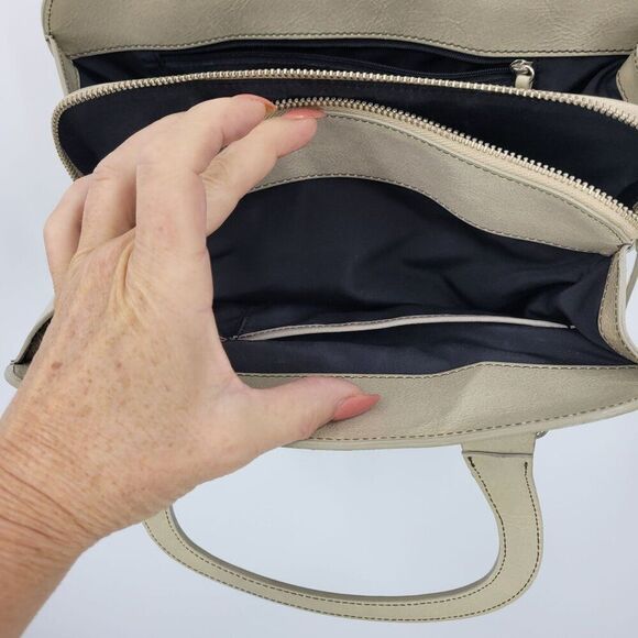 Vtg Beige Oatmeal Double-Handle‎ Leather Structured Top Handle Handbag Old Money - Picture 6 of 10